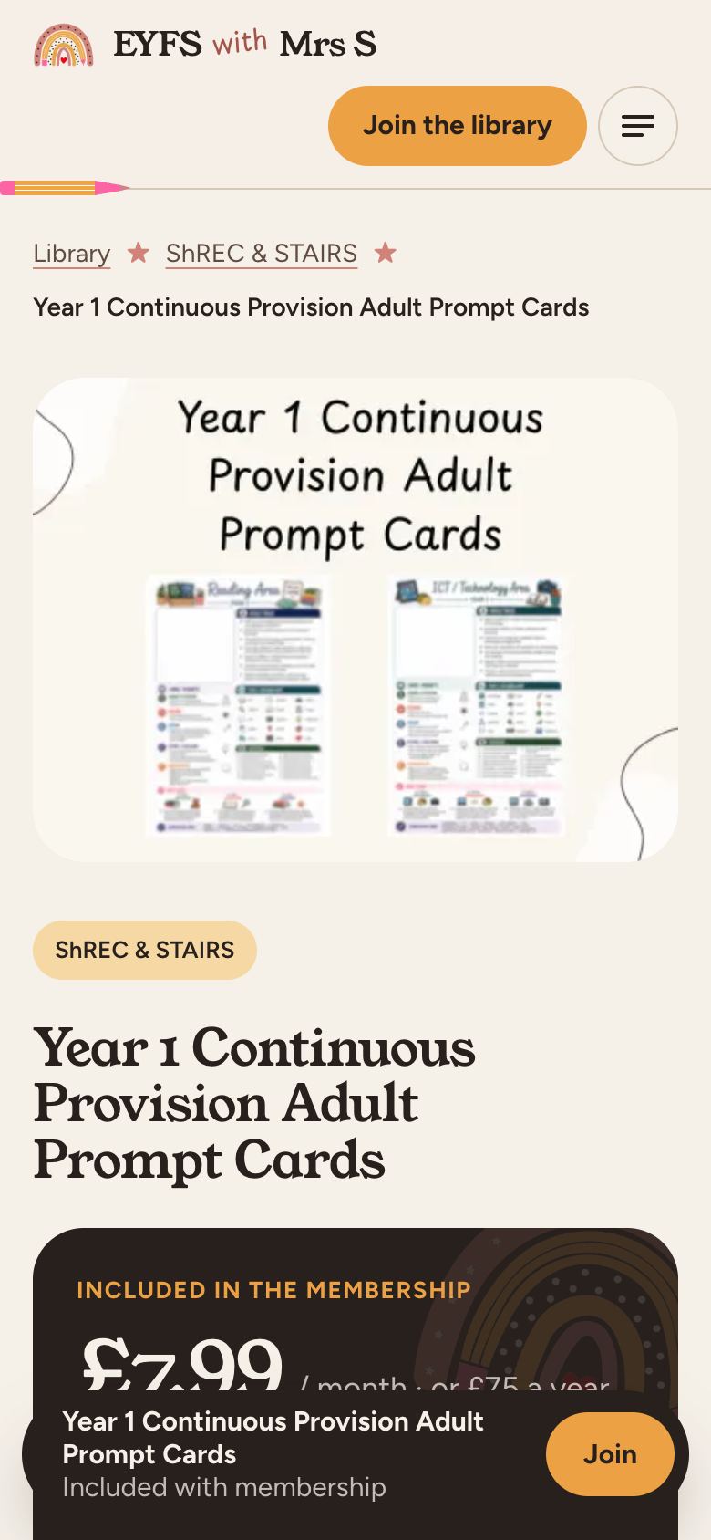 A resource page on a phone, with join and buy options