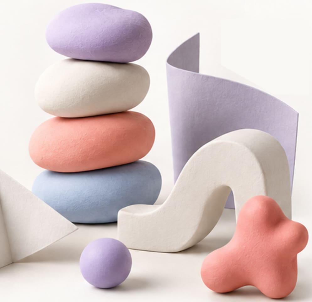 Stacked pastel clay pebbles beside folded paper and soft clay shapes
